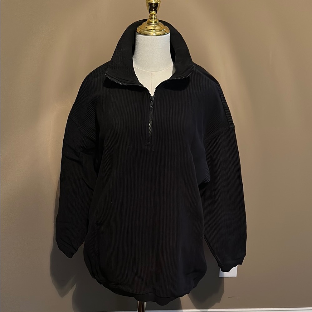 Aerie Black Corduroy Quarter-Zip Oversized Pull Over Sweater Size XS